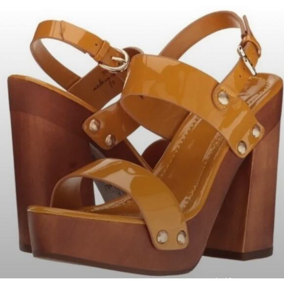 Joie Shoes - Joie Platform Sandal Heels Tan-Orange Patent Leather Wood Rivets Strappy 37 6.5